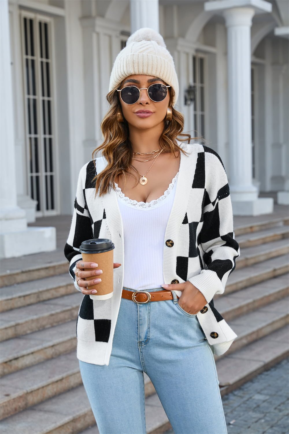 Button-Up Plaid V-Neck Dropped Shoulder Cardigan - Witcheasy