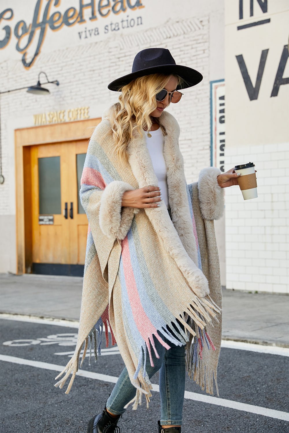 Color Block Fringe Detail Poncho - Witcheasy