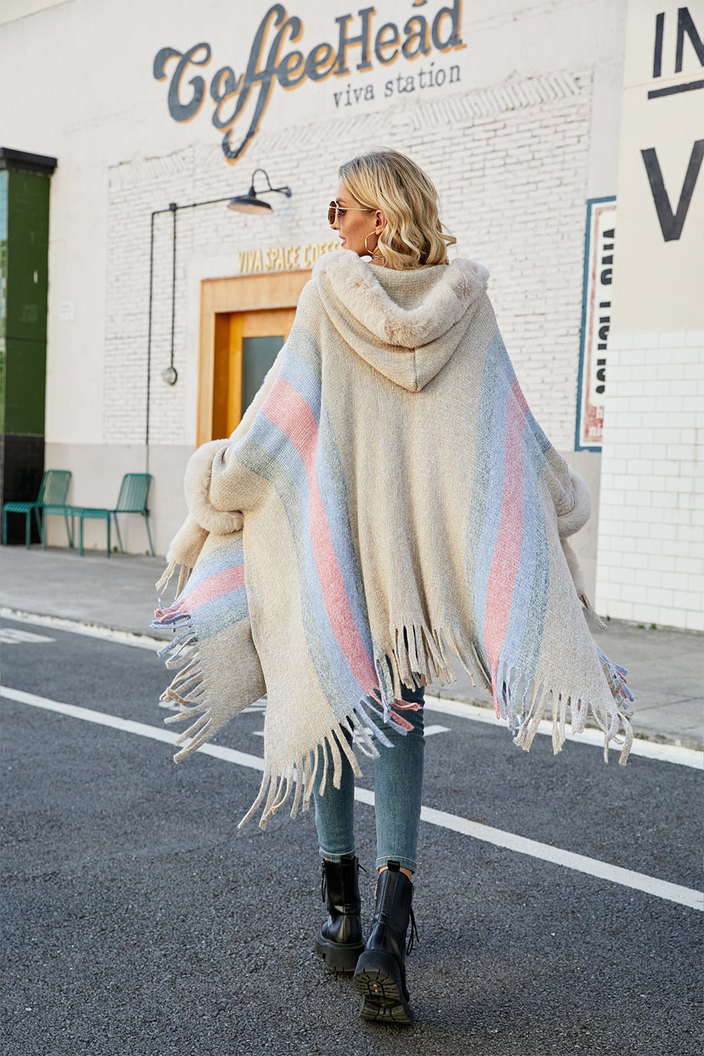 Color Block Fringe Detail Poncho - Witcheasy