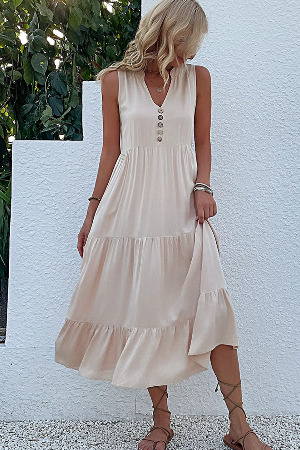 Decorative Button Sleeveless Tiered Dress - Witcheasy