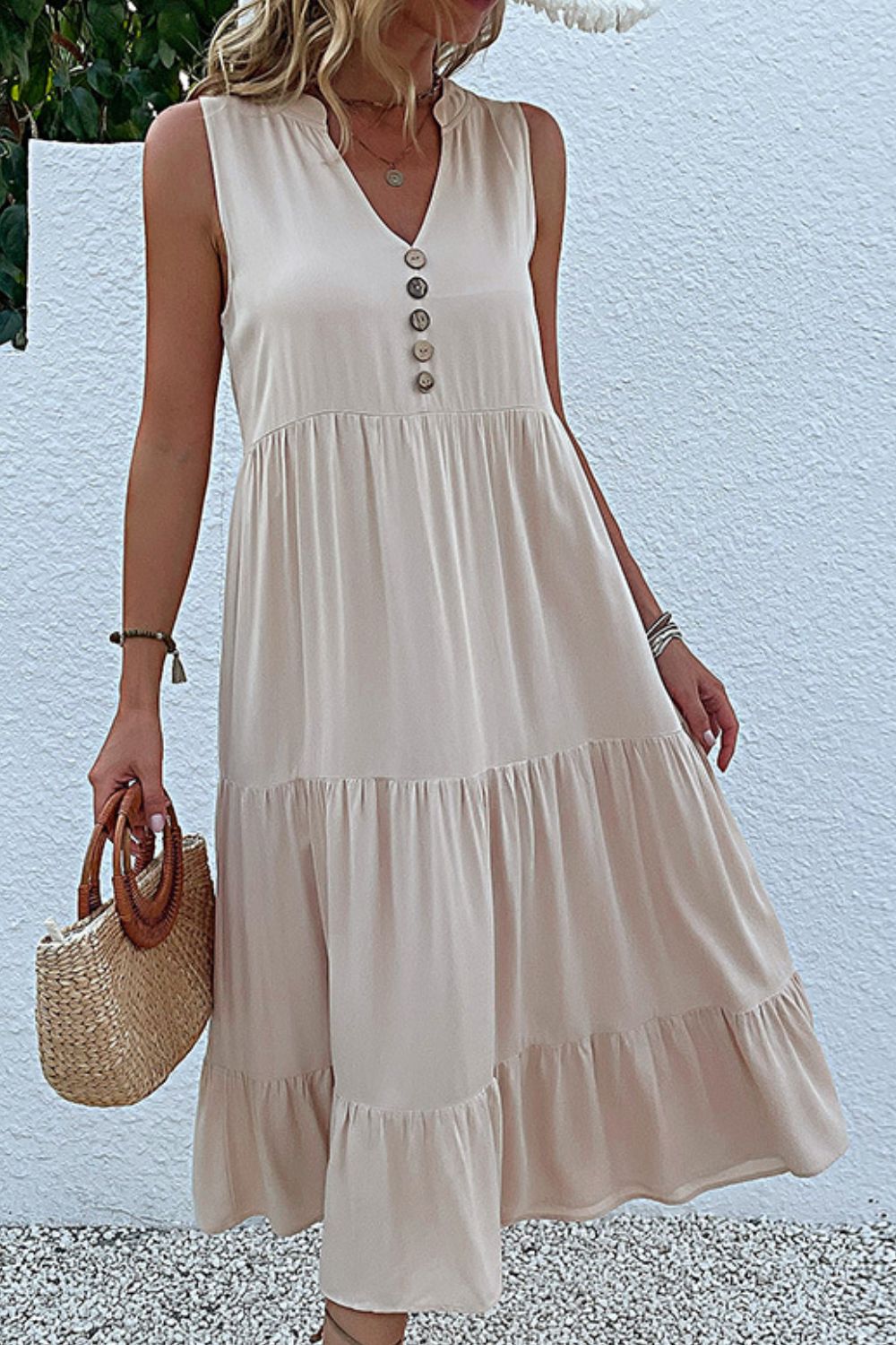Decorative Button Sleeveless Tiered Dress - Witcheasy