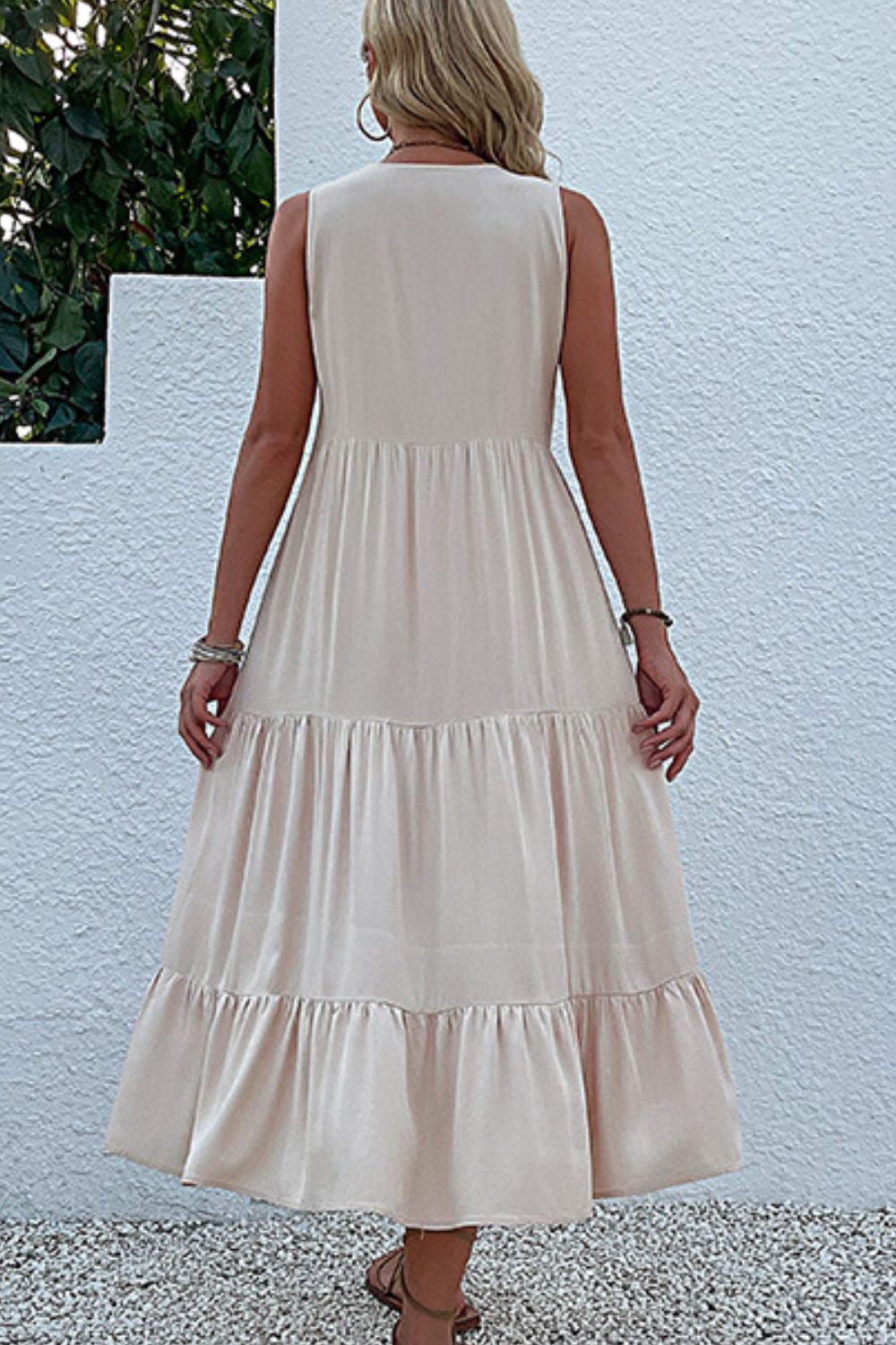 Decorative Button Sleeveless Tiered Dress - Witcheasy