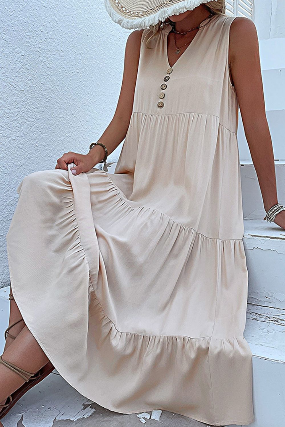 Decorative Button Sleeveless Tiered Dress - Witcheasy