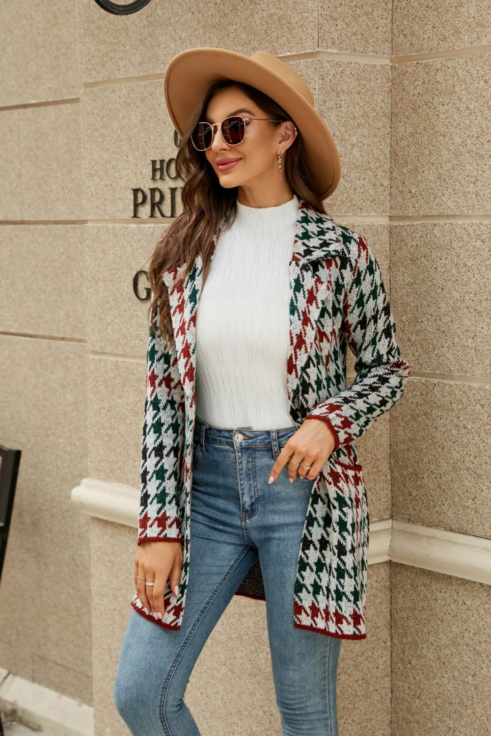 Double Take Printed Open Front Lapel Collar Cardigan with Pockets - Witcheasy