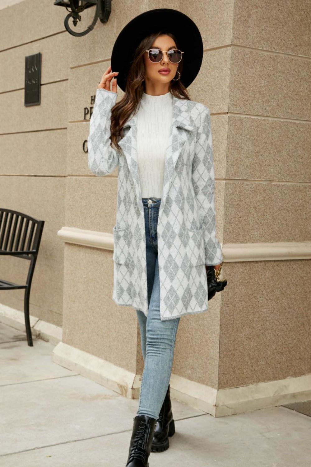 Double Take Printed Open Front Lapel Collar Cardigan with Pockets - Witcheasy