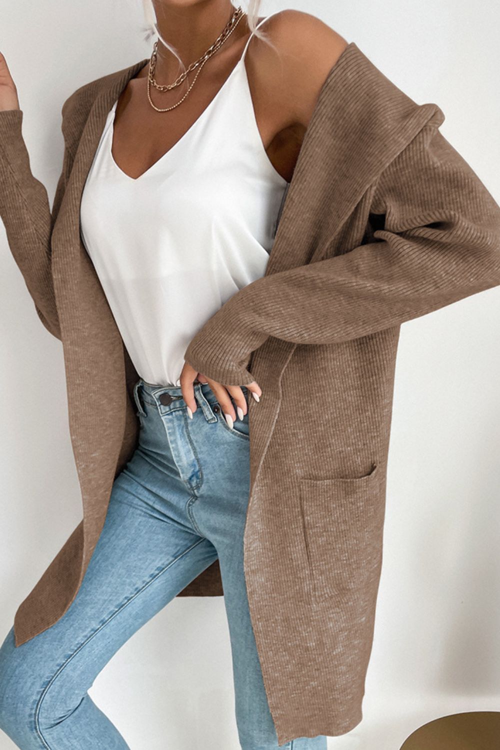 Double Take Ribbed Open Front Hooded Cardigan with Pockets - Witcheasy