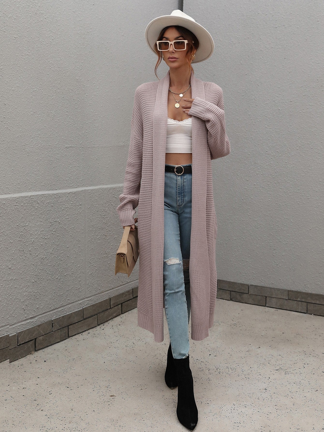 Double Take Waffle Knit Open Front Duster Cardigan With Pockets - Witcheasy