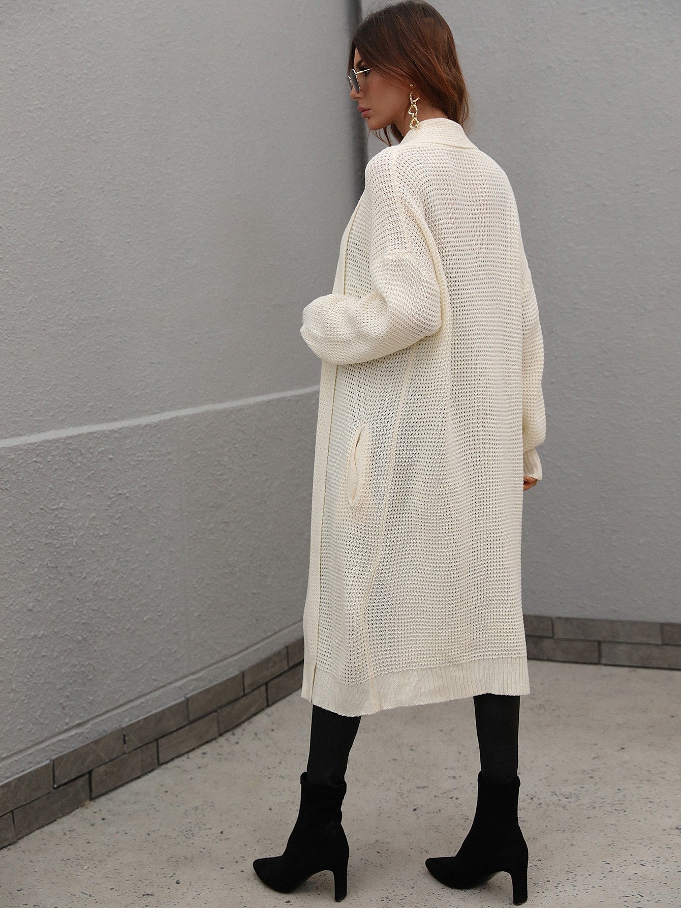 Double Take Waffle Knit Open Front Duster Cardigan With Pockets - Witcheasy