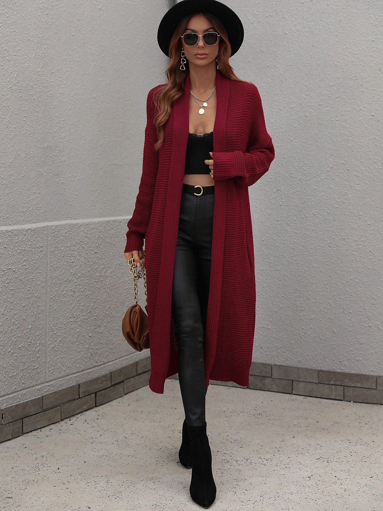 Double Take Waffle Knit Open Front Duster Cardigan With Pockets - Witcheasy