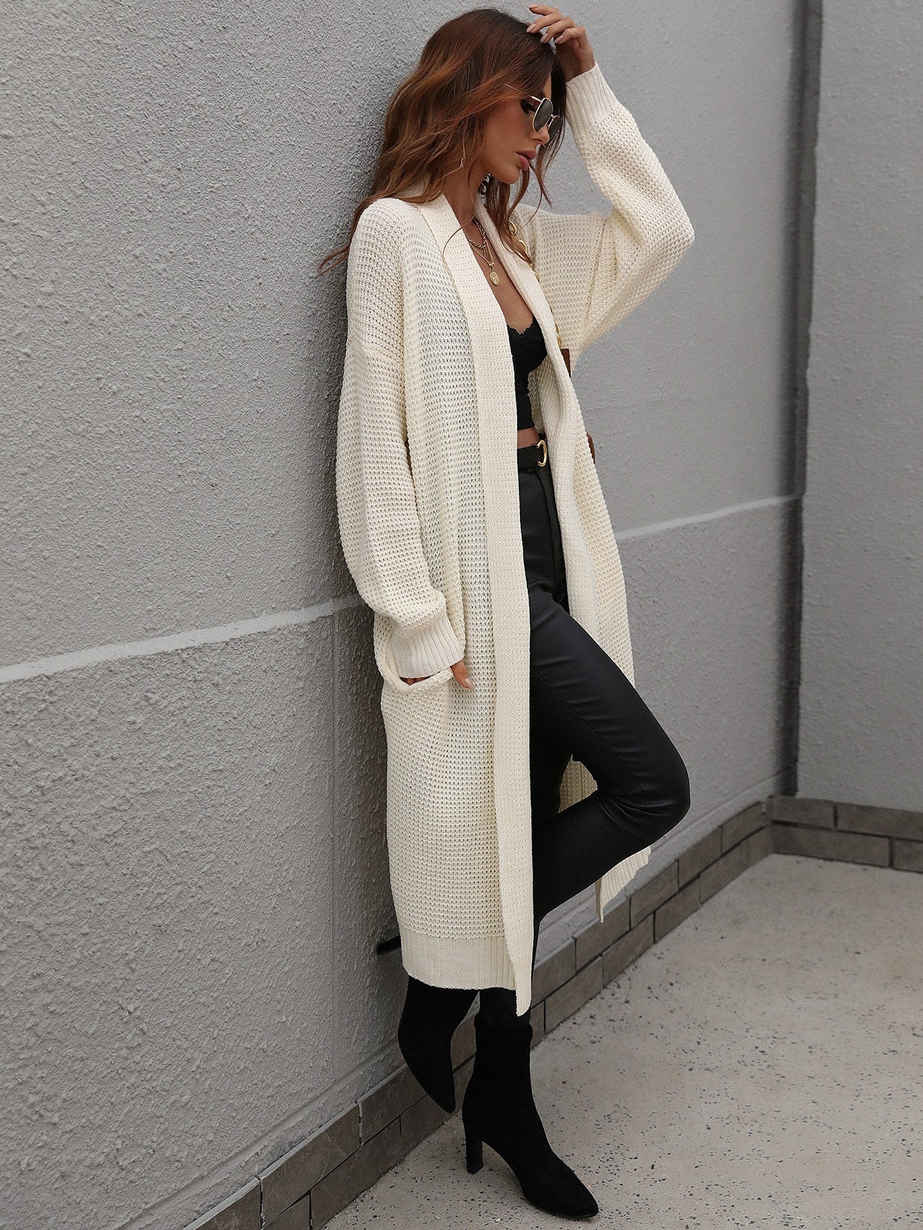 Double Take Waffle Knit Open Front Duster Cardigan With Pockets - Witcheasy