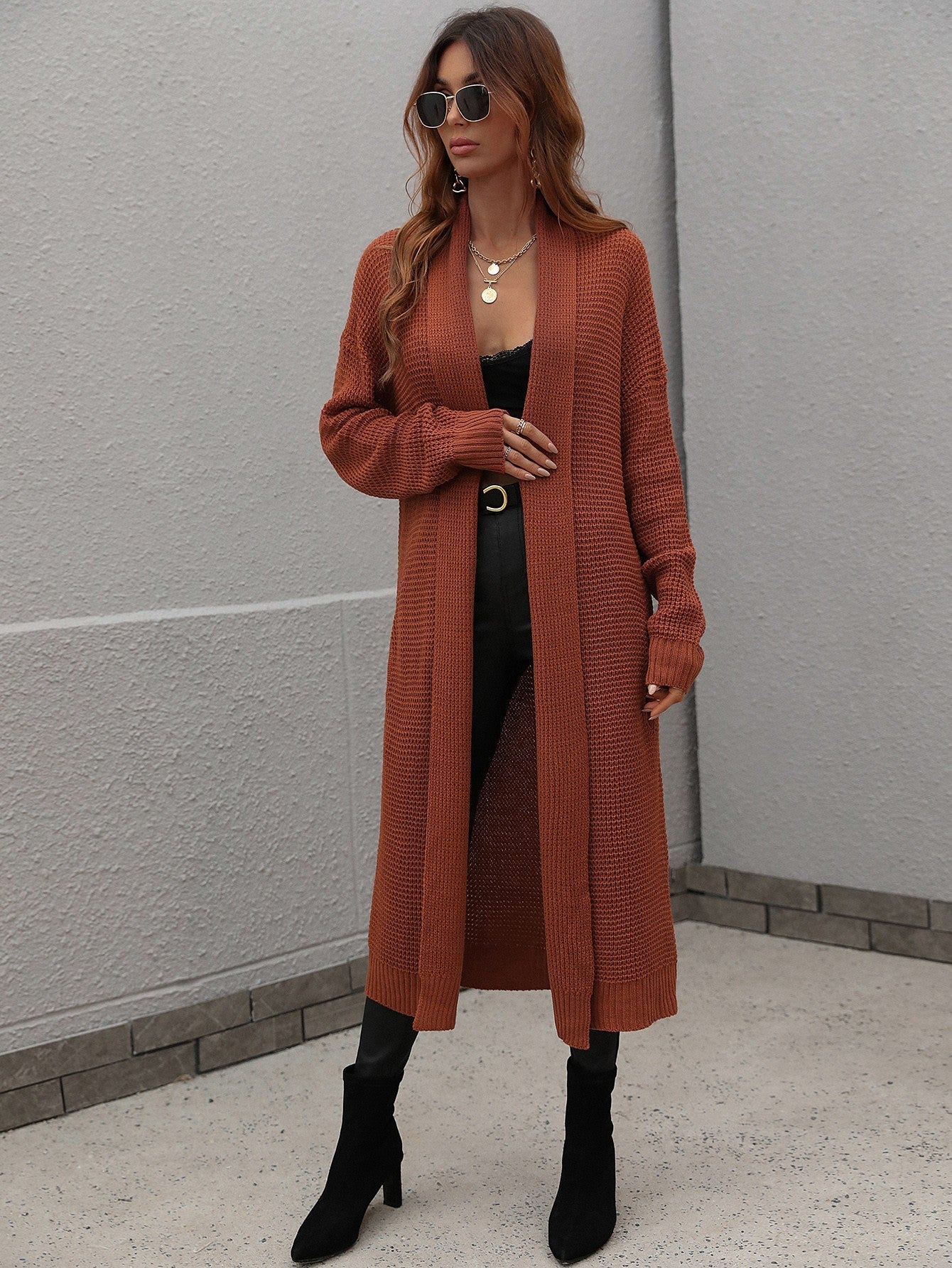 Double Take Waffle Knit Open Front Duster Cardigan With Pockets - Witcheasy