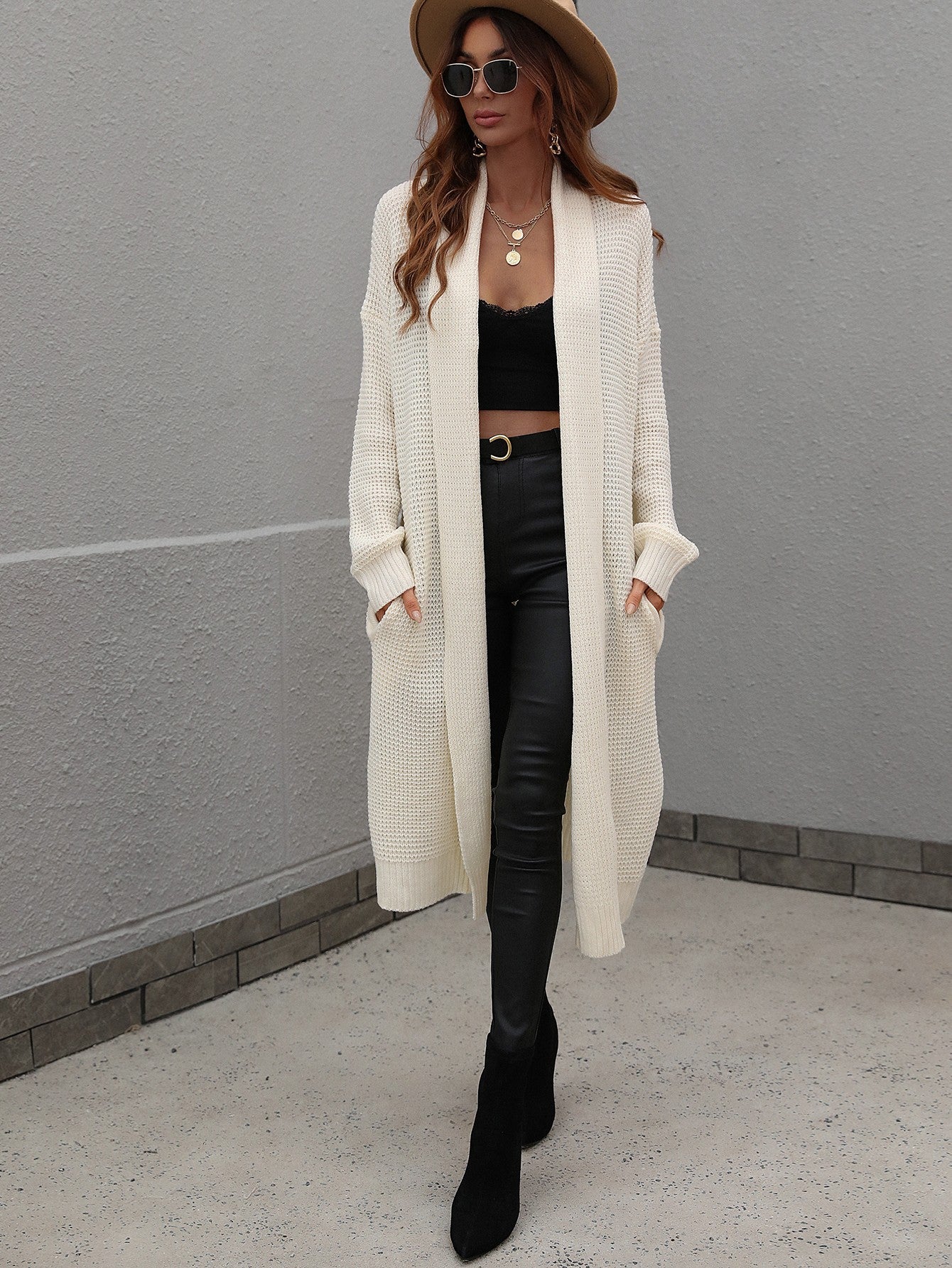 Double Take Waffle Knit Open Front Duster Cardigan With Pockets - Witcheasy