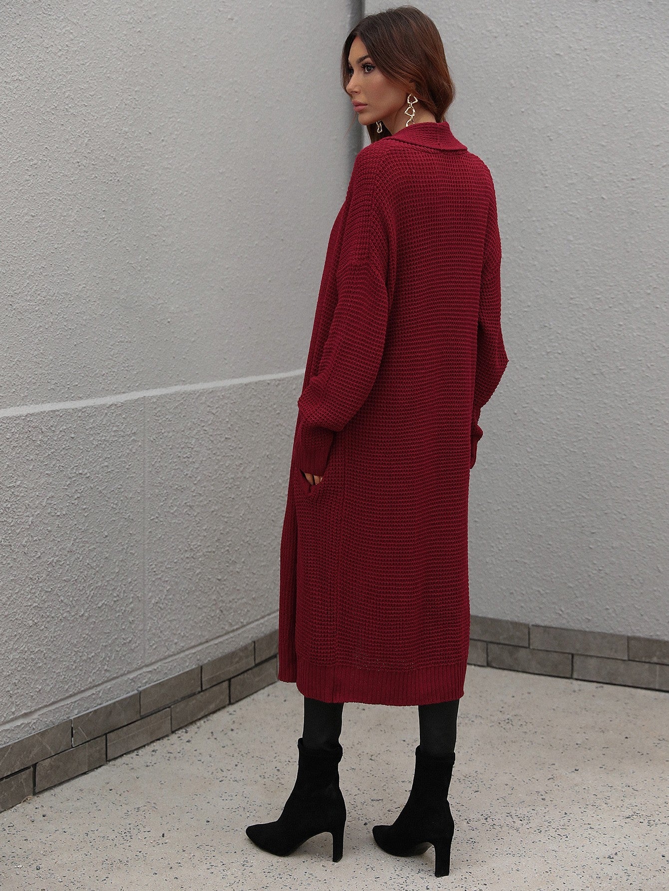 Double Take Waffle Knit Open Front Duster Cardigan With Pockets - Witcheasy