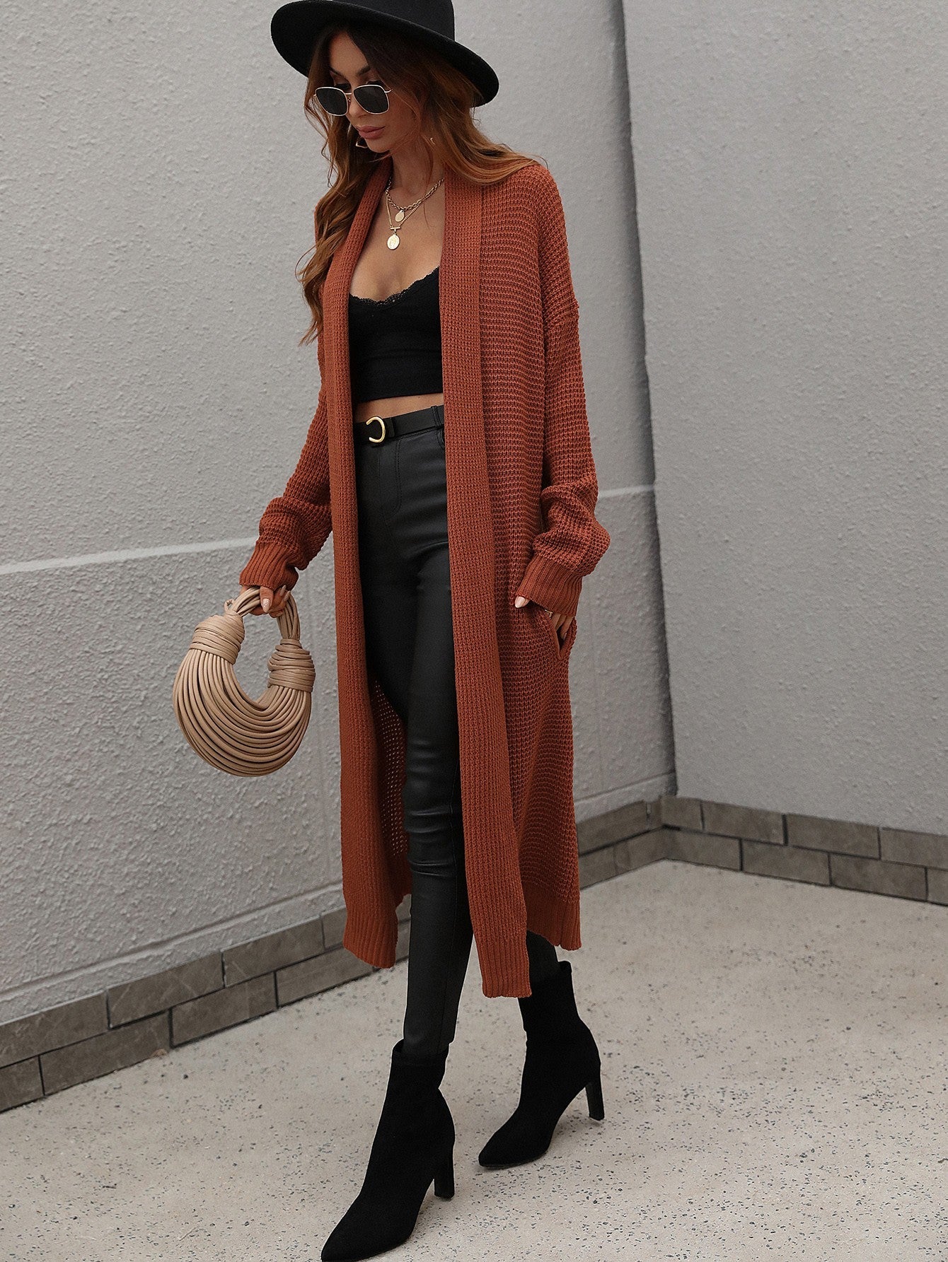Double Take Waffle Knit Open Front Duster Cardigan With Pockets - Witcheasy