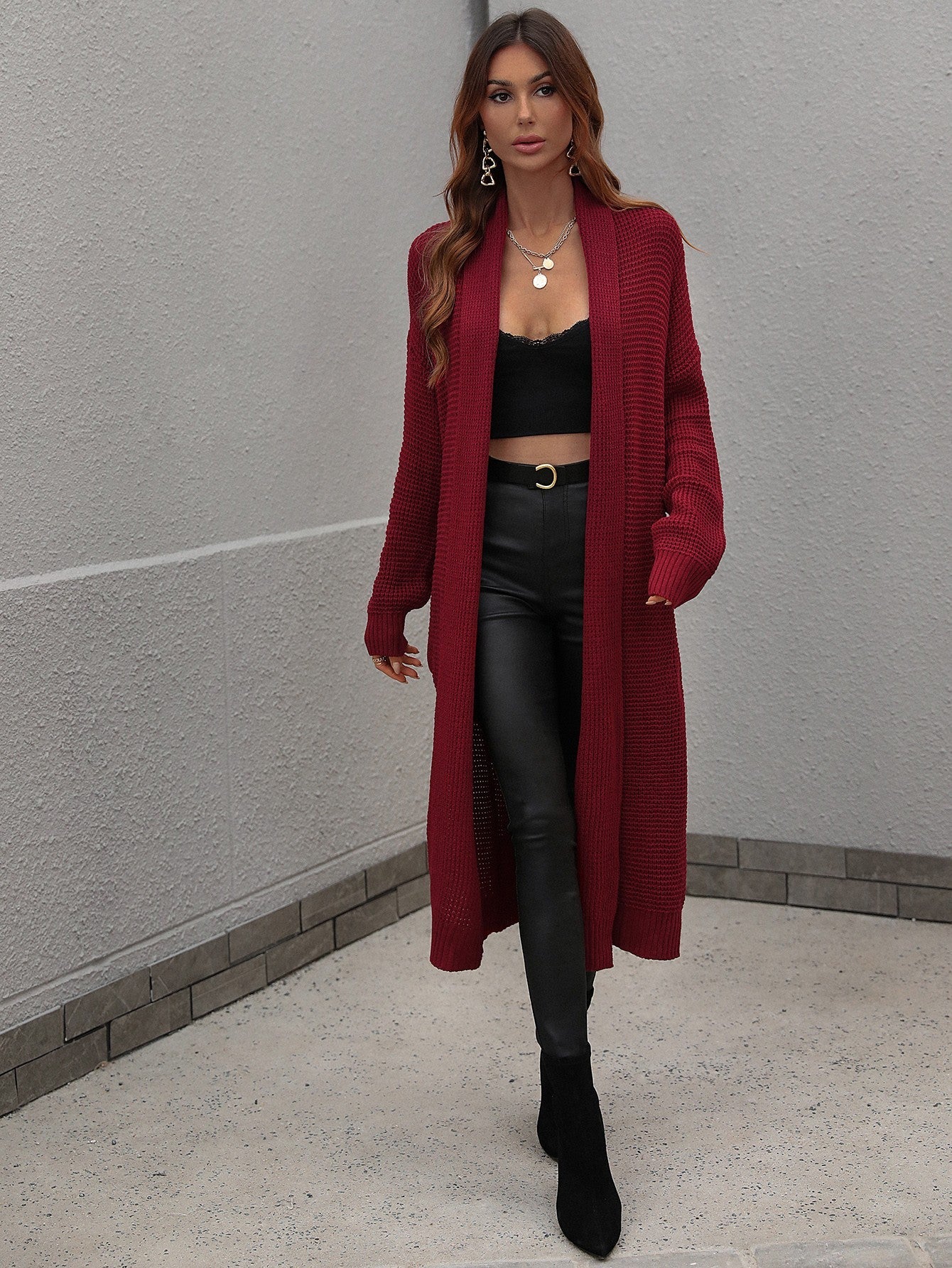 Double Take Waffle Knit Open Front Duster Cardigan With Pockets - Witcheasy