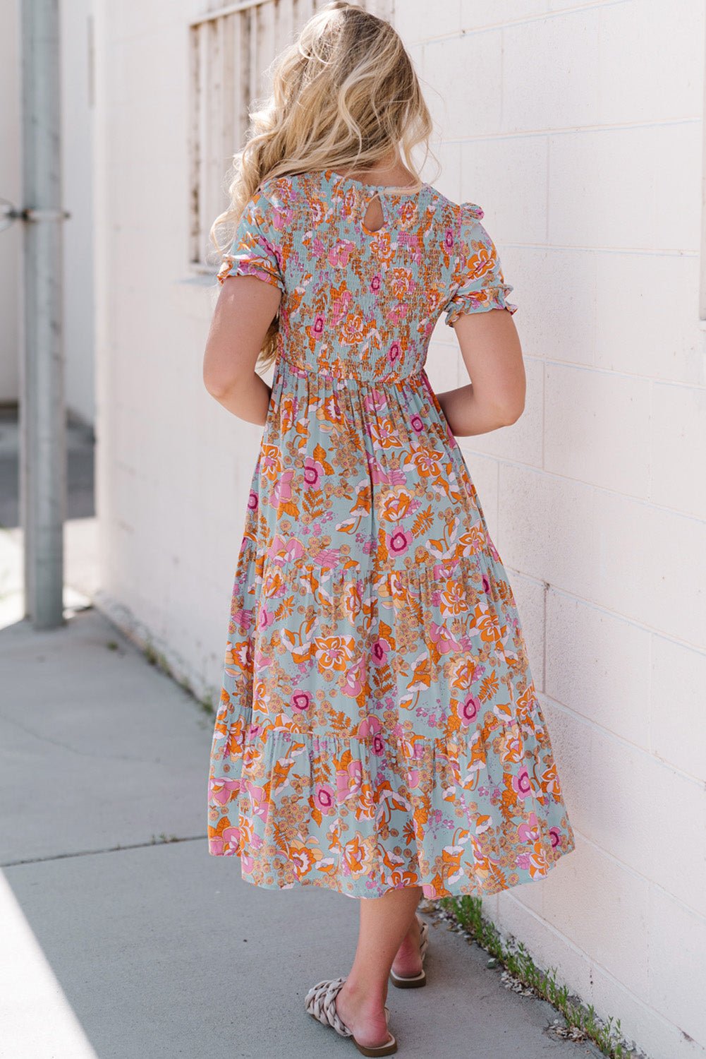 Floral Flounce Sleeve Round Neck Midi Dress - Witcheasy
