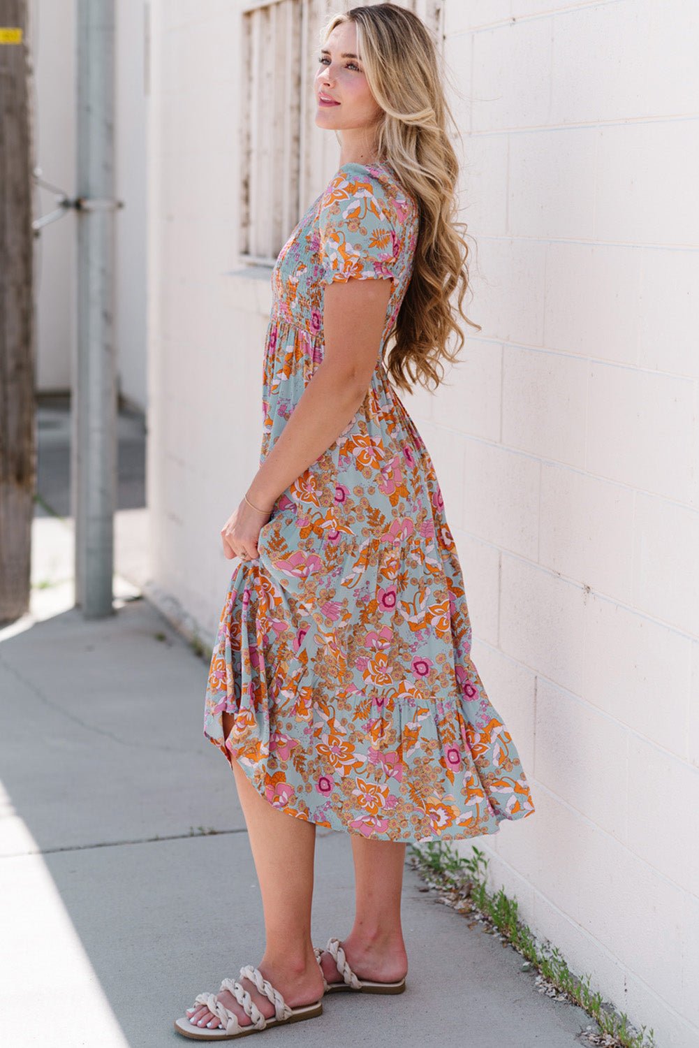 Floral Flounce Sleeve Round Neck Midi Dress - Witcheasy