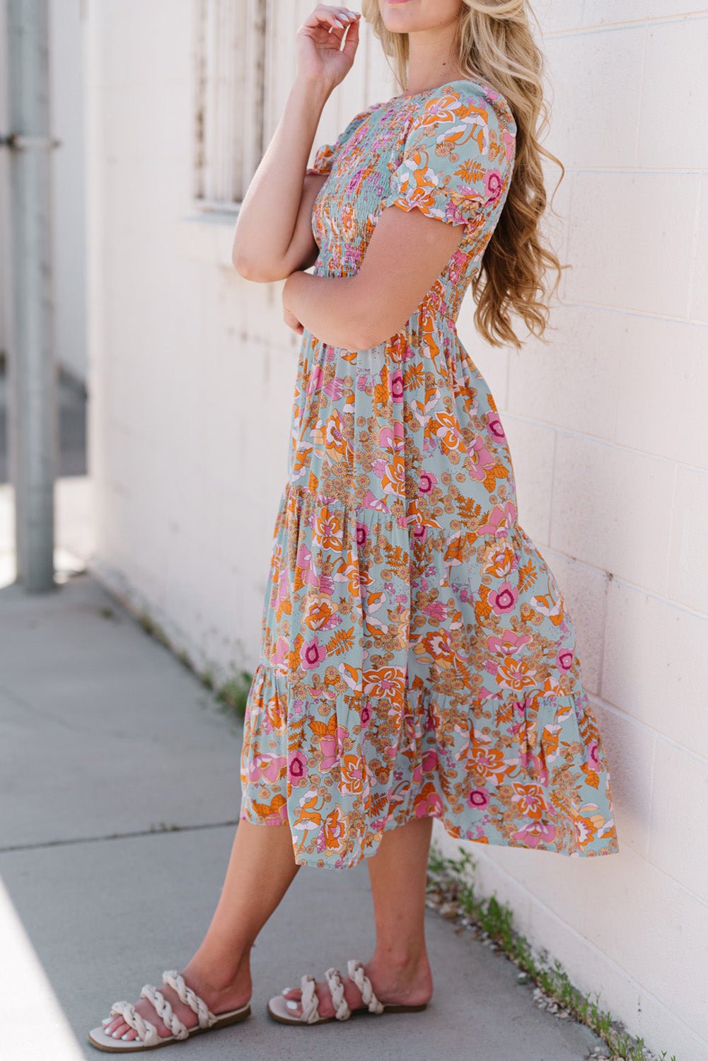 Floral Flounce Sleeve Round Neck Midi Dress - Witcheasy
