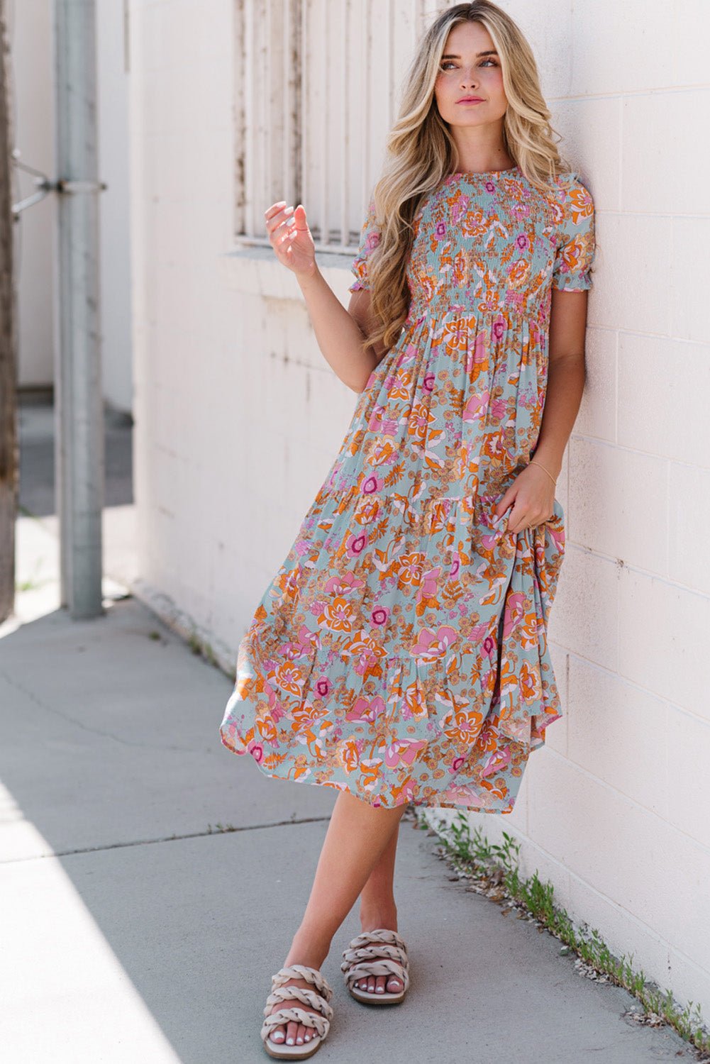 Floral Flounce Sleeve Round Neck Midi Dress - Witcheasy