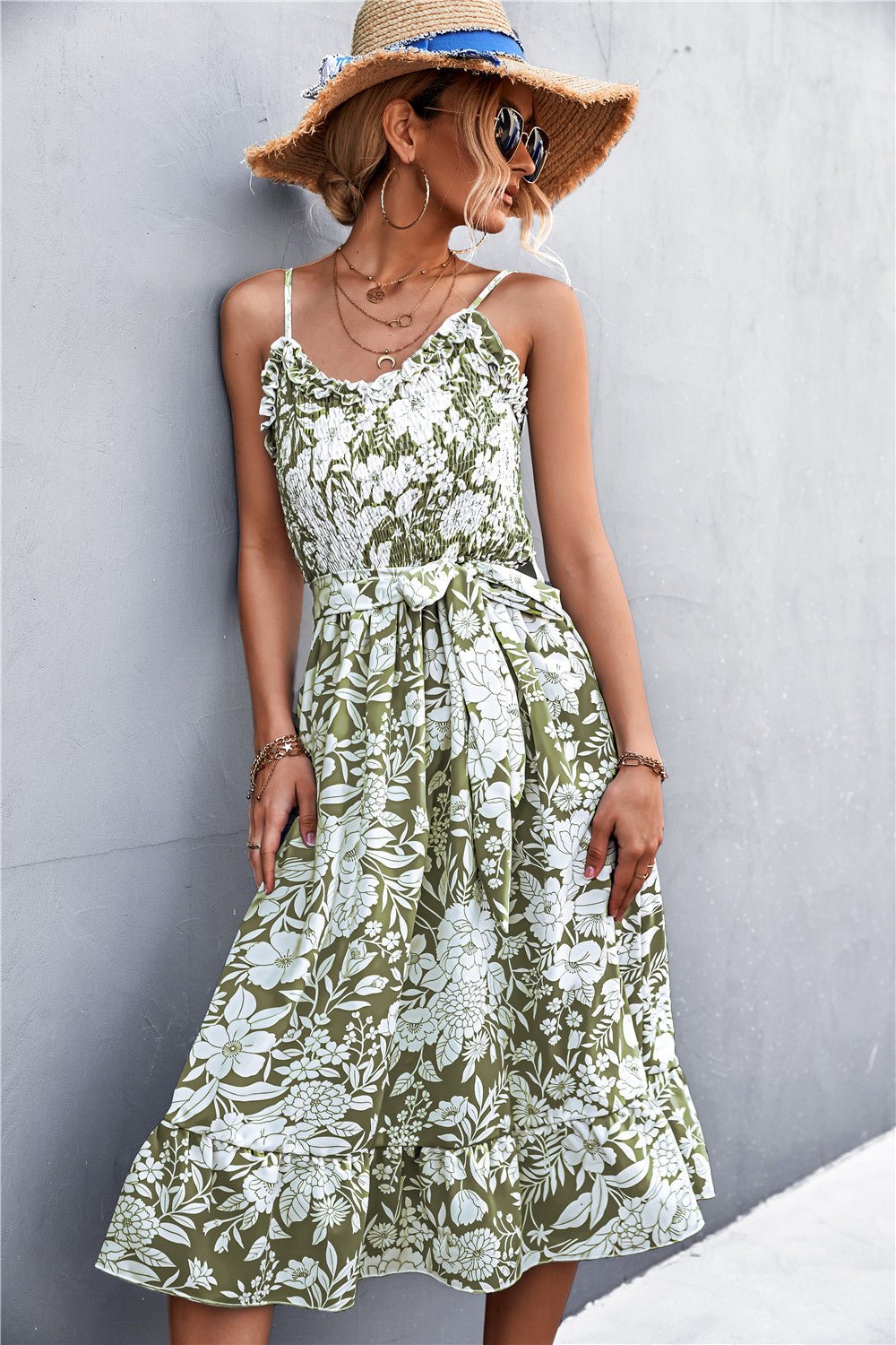 Floral Frill Trim Scoop Neck Spaghetti Strap Dress - Witcheasy