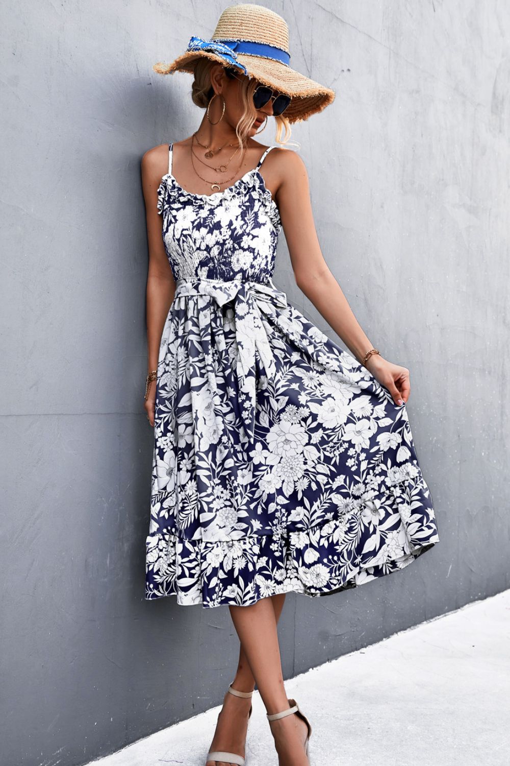 Floral Frill Trim Scoop Neck Spaghetti Strap Dress - Witcheasy
