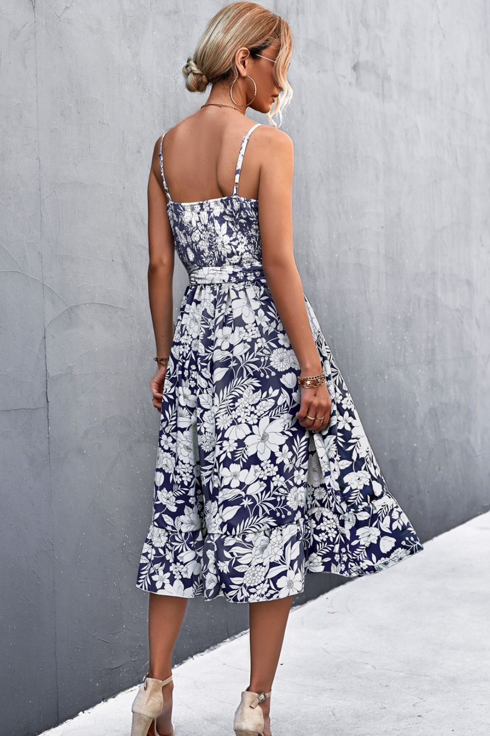 Floral Frill Trim Scoop Neck Spaghetti Strap Dress - Witcheasy