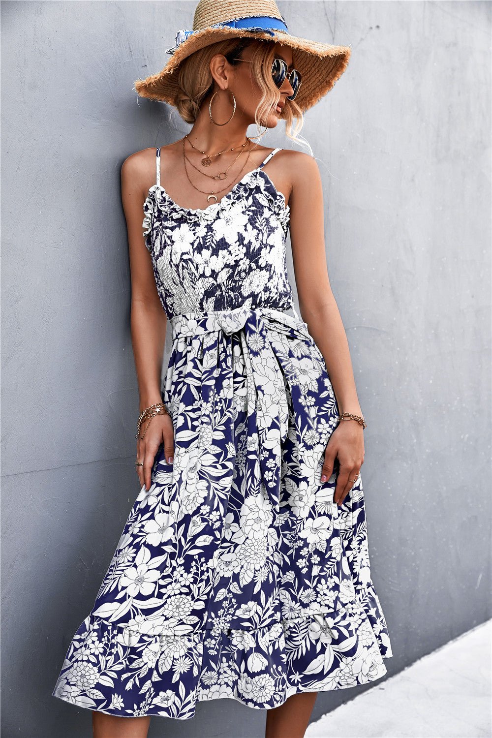 Floral Frill Trim Scoop Neck Spaghetti Strap Dress - Witcheasy