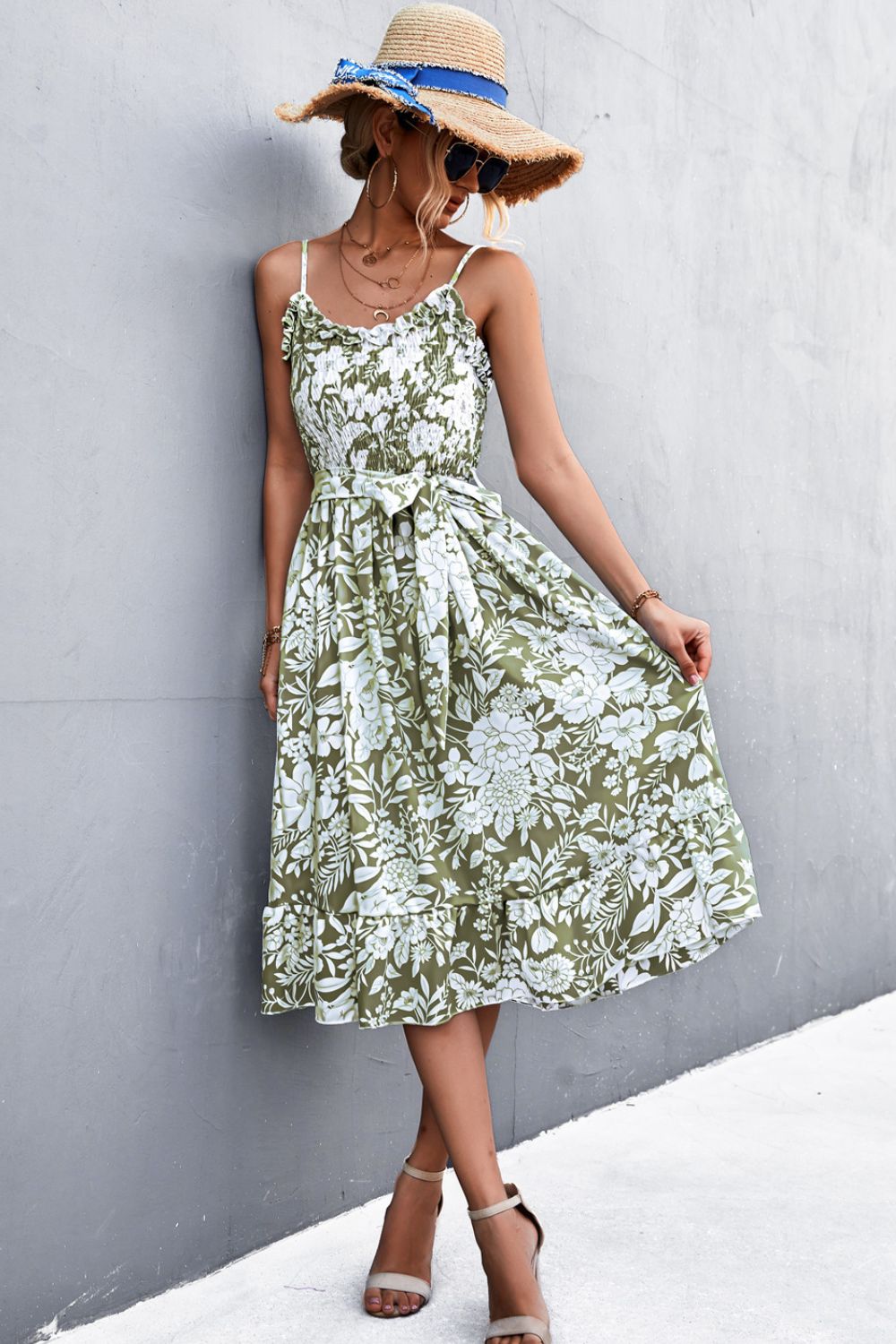 Floral Frill Trim Scoop Neck Spaghetti Strap Dress - Witcheasy