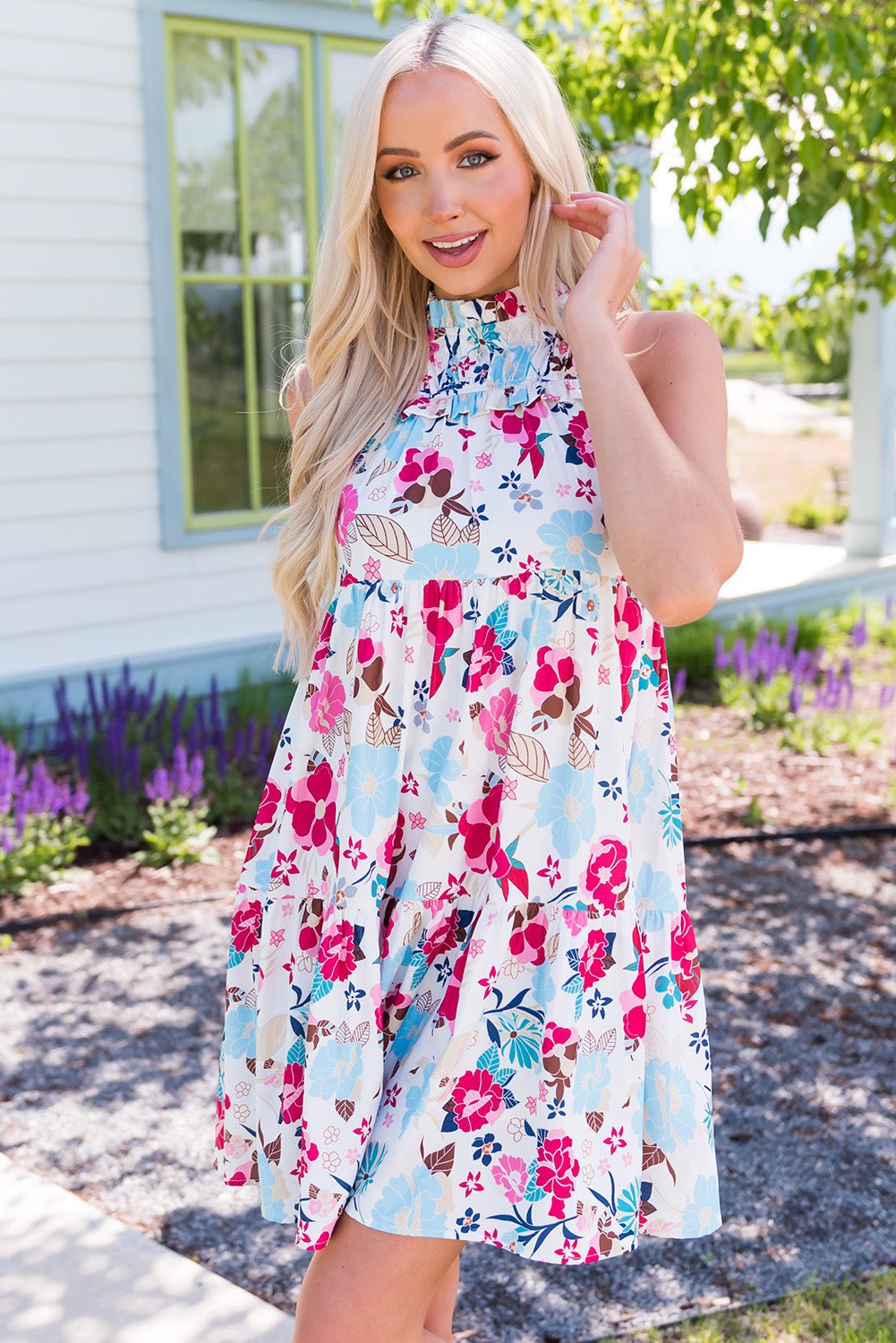 Floral Mock Neck Sleeveless Tiered Dress - Witcheasy