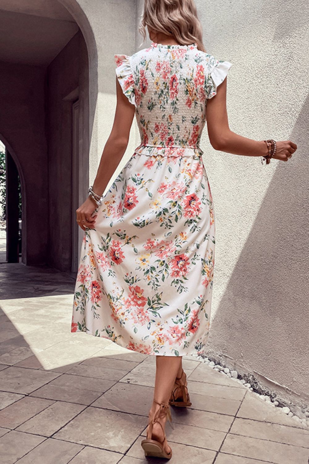 Floral Smocked Butterfly Sleeve Slit Dress - Witcheasy