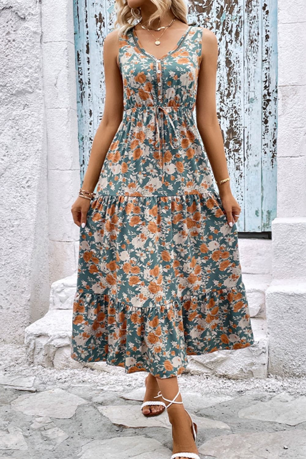 Floral V-Neck Tiered Sleeveless Dress - Witcheasy