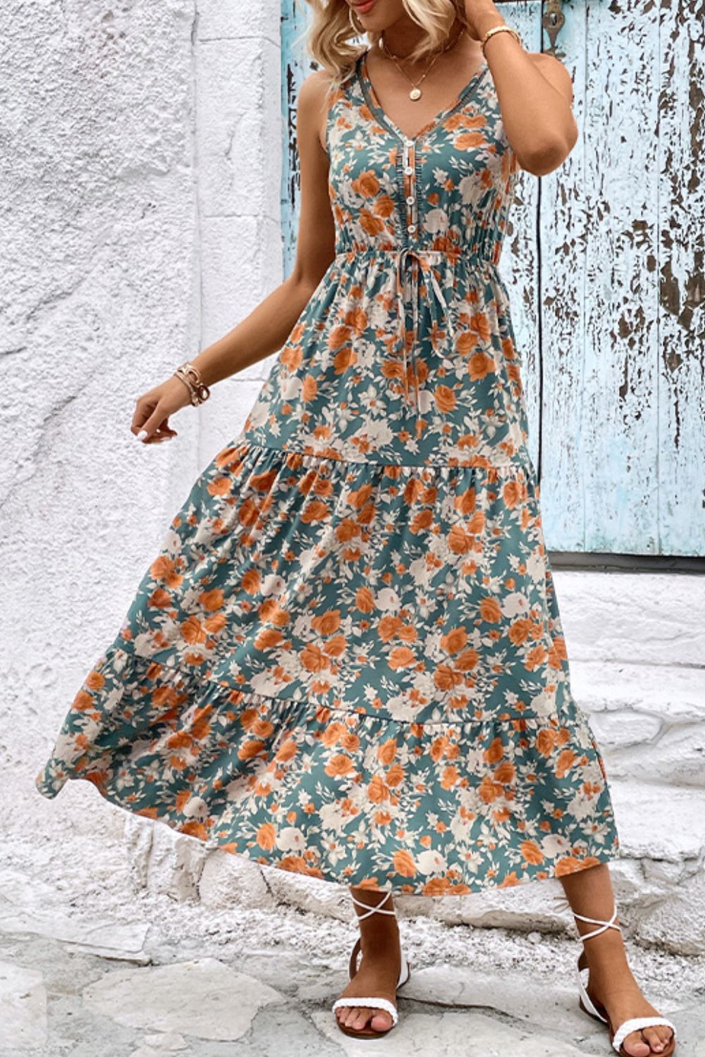 Floral V-Neck Tiered Sleeveless Dress - Witcheasy