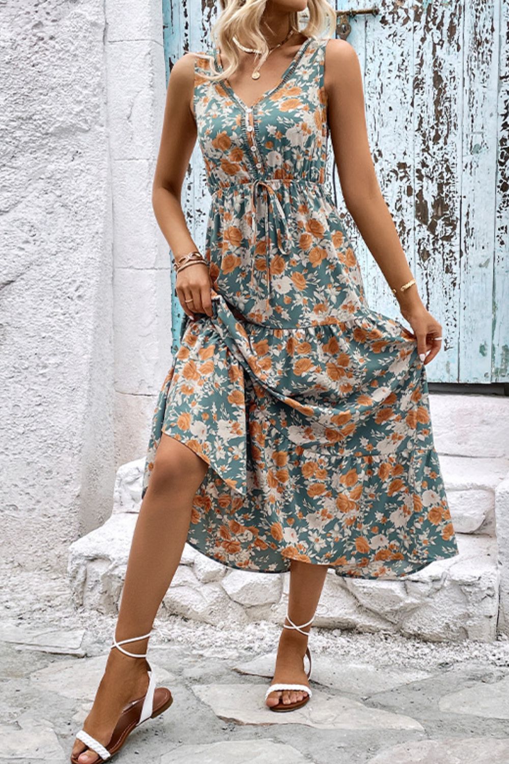 Floral V-Neck Tiered Sleeveless Dress - Witcheasy