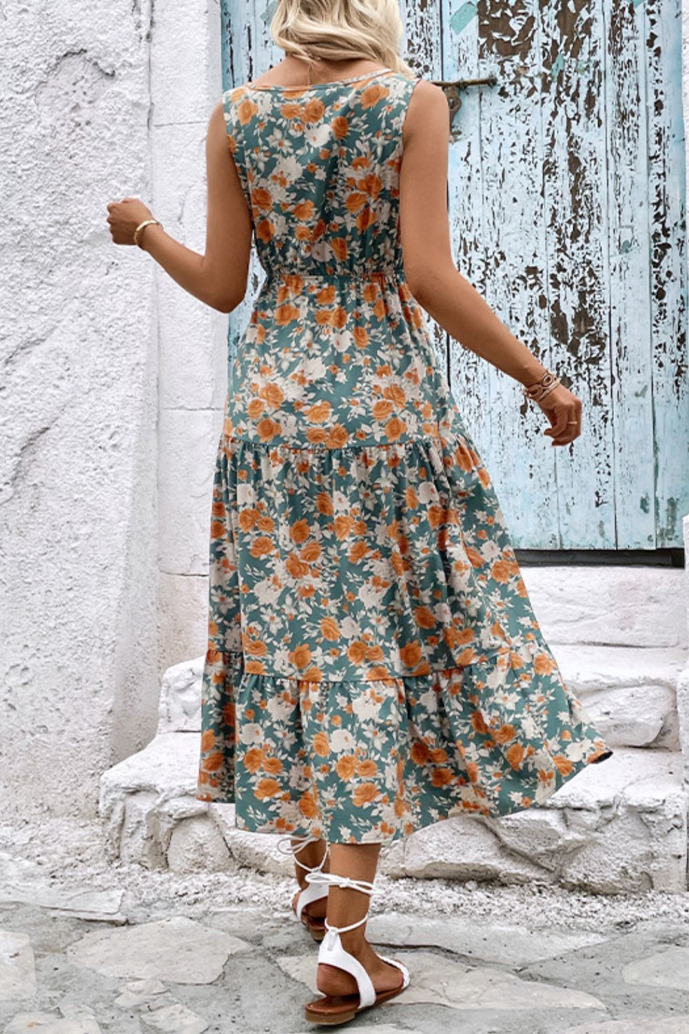Floral V-Neck Tiered Sleeveless Dress - Witcheasy