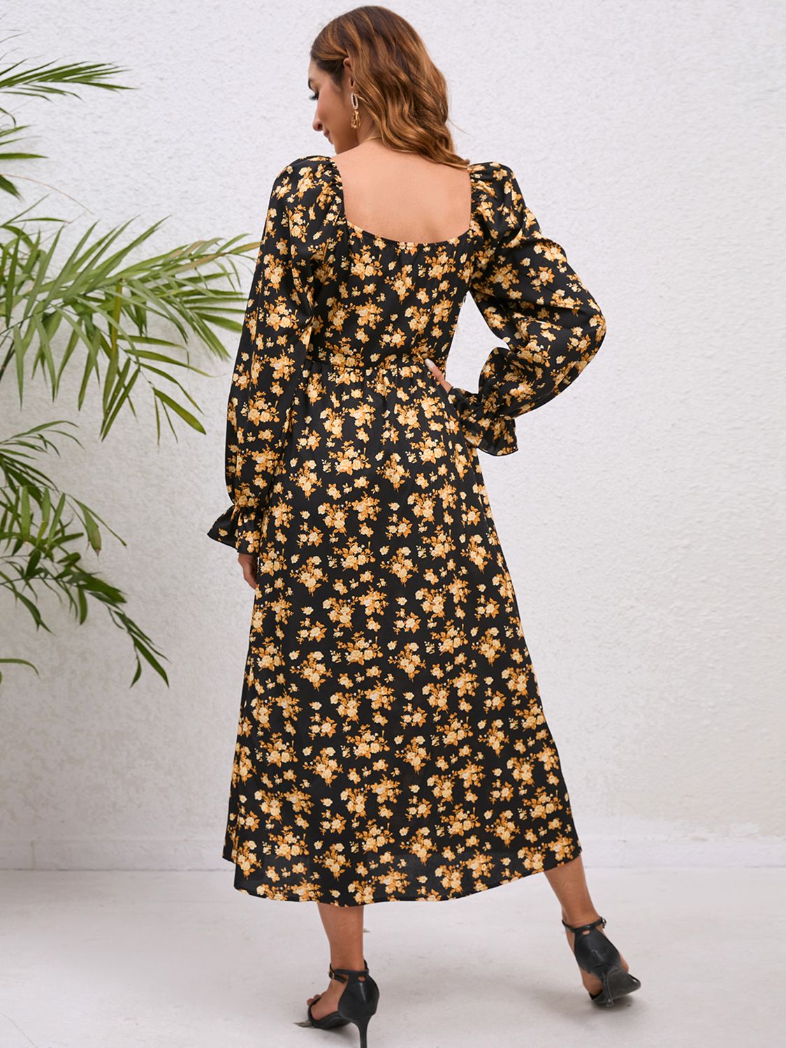 Flounce Sleeve Slit Midi Dress - Witcheasy