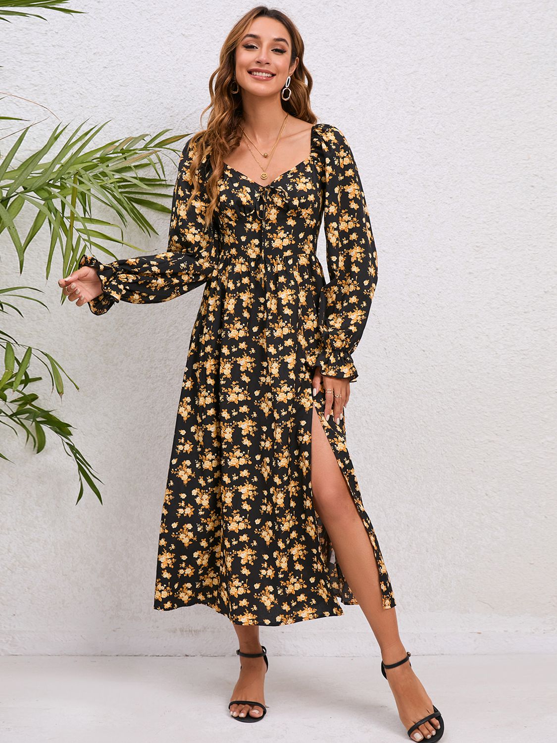 Flounce Sleeve Slit Midi Dress - Witcheasy