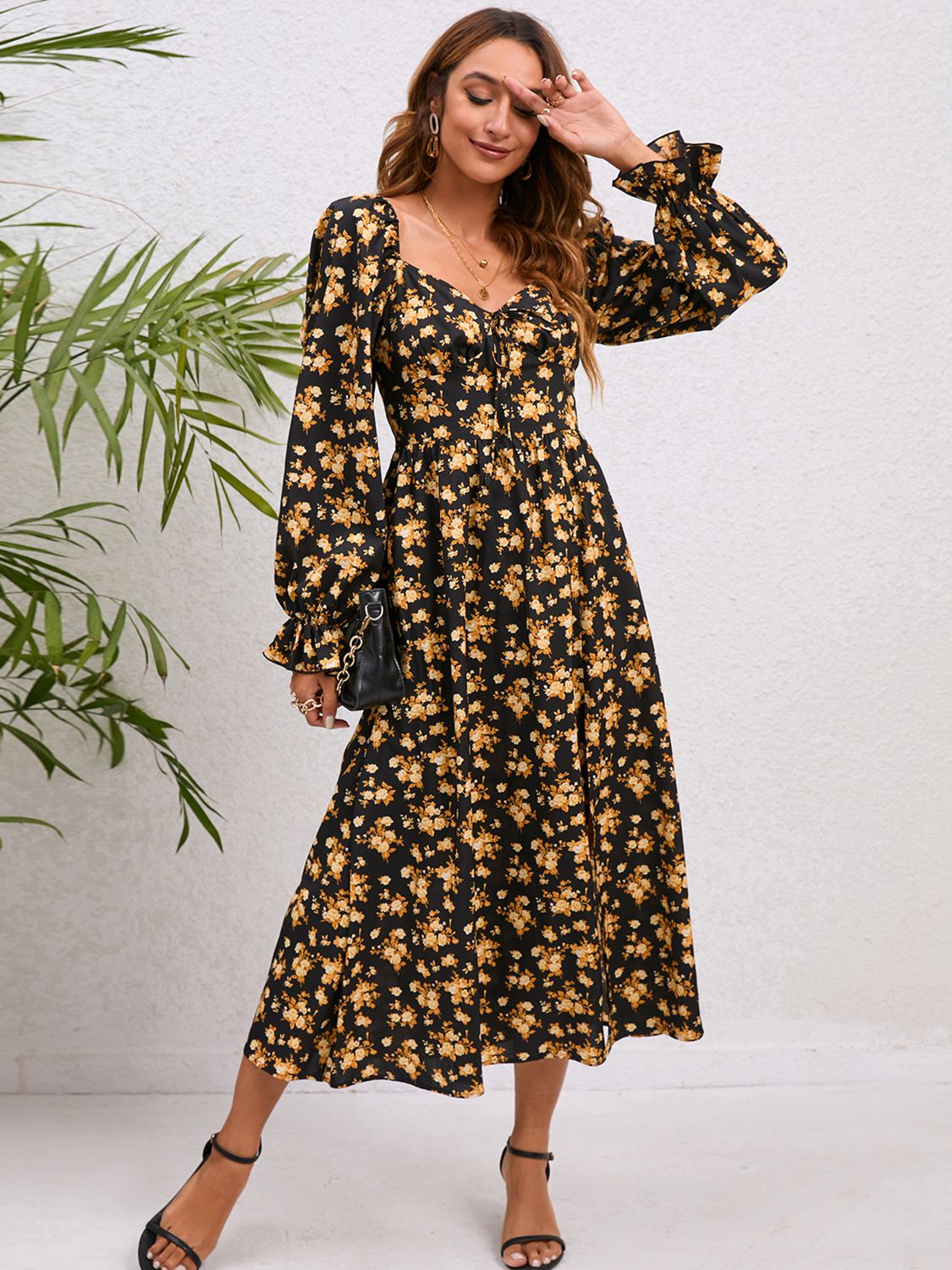 Flounce Sleeve Slit Midi Dress - Witcheasy
