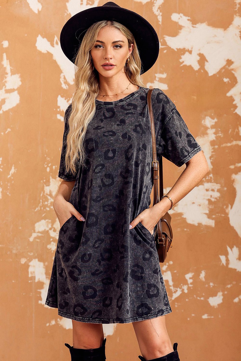Leopard Round Neck Dropped Shoulder Dress with Pockets - Witcheasy