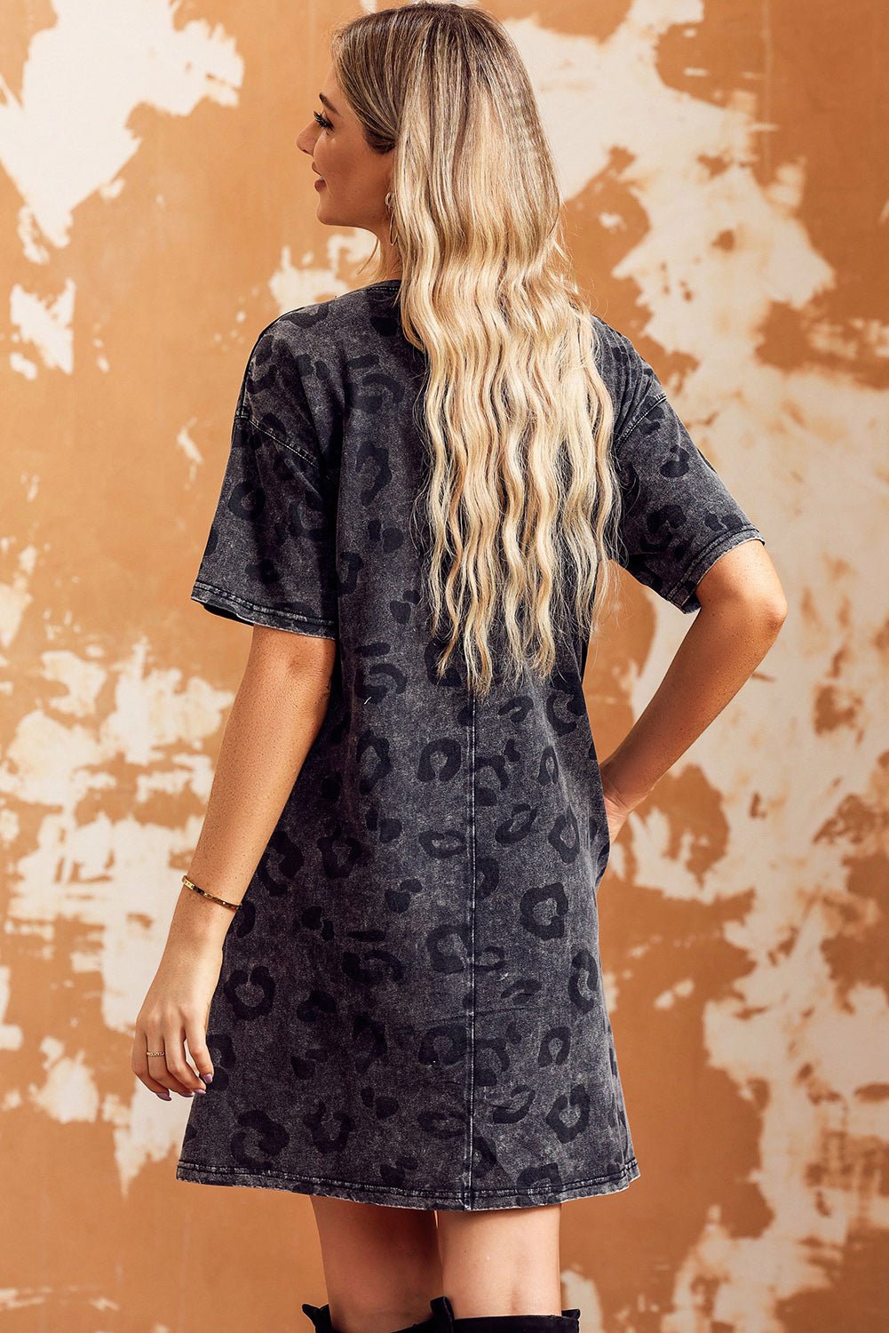 Leopard Round Neck Dropped Shoulder Dress with Pockets - Witcheasy