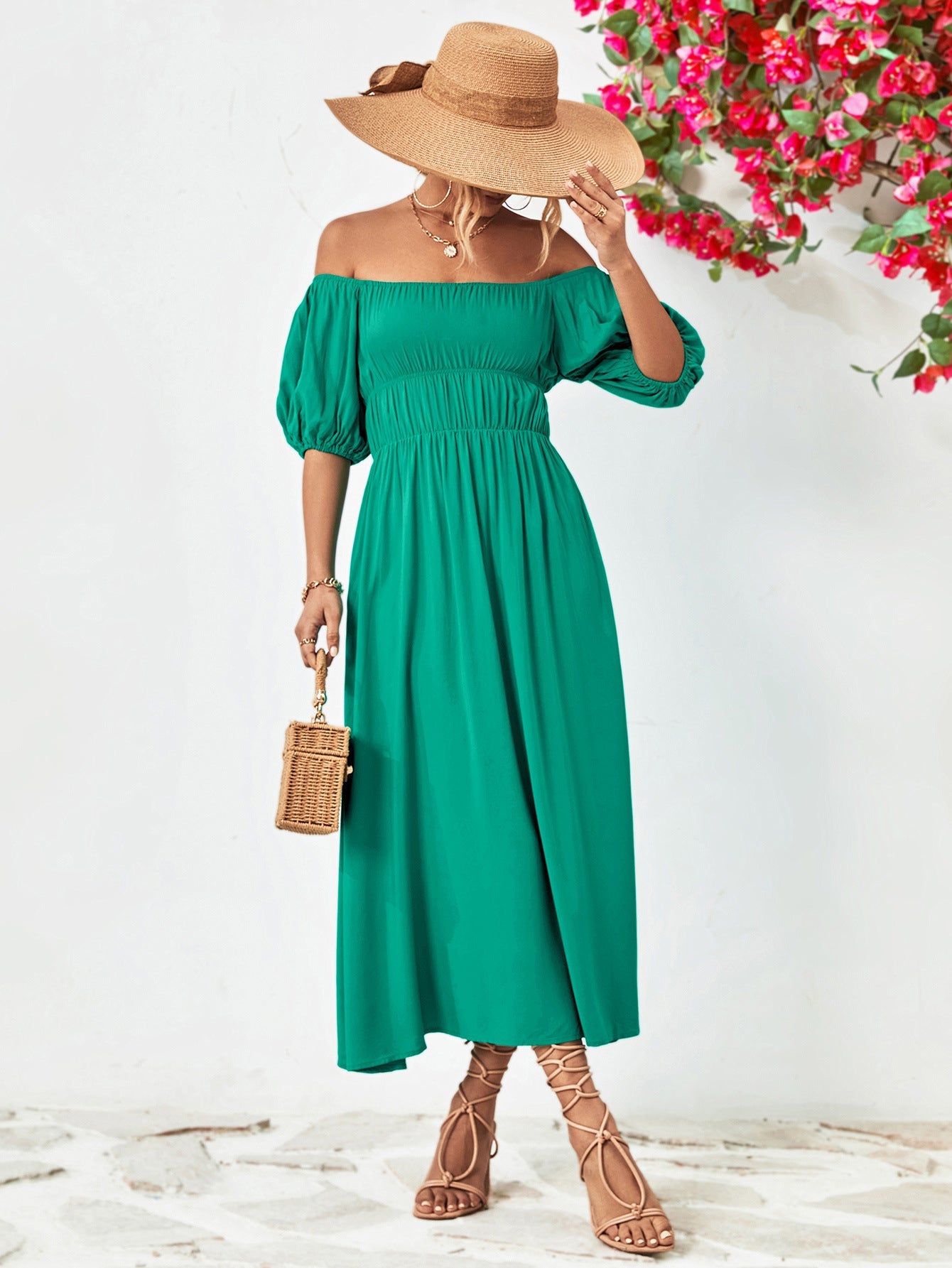 Off-Shoulder Balloon Sleeve Midi Dress - Witcheasy