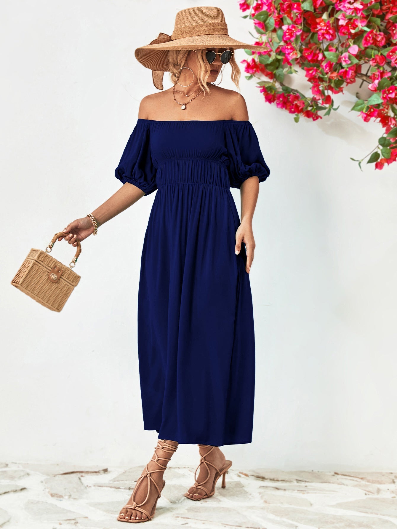 Off-Shoulder Balloon Sleeve Midi Dress - Witcheasy