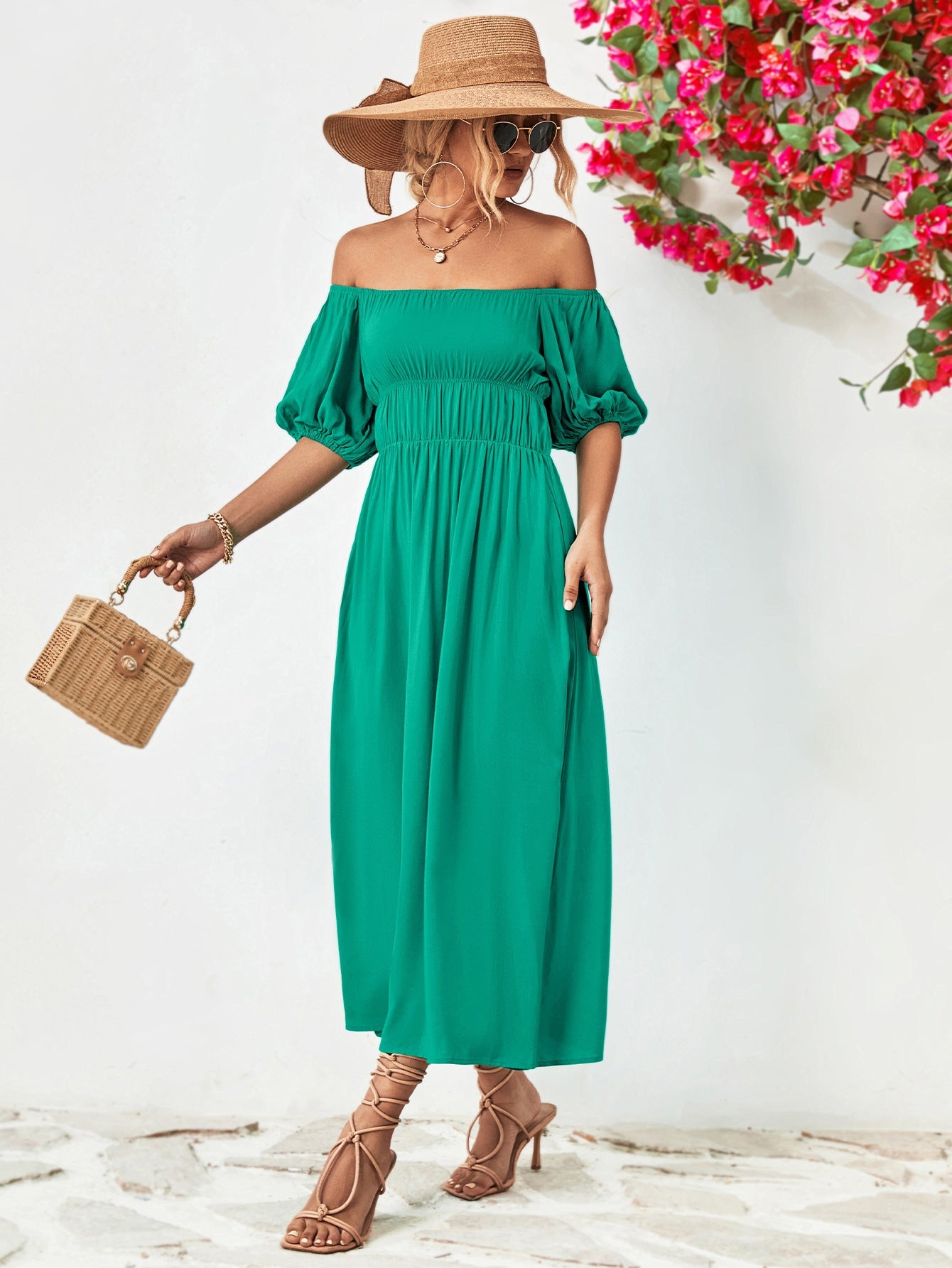 Off-Shoulder Balloon Sleeve Midi Dress - Witcheasy