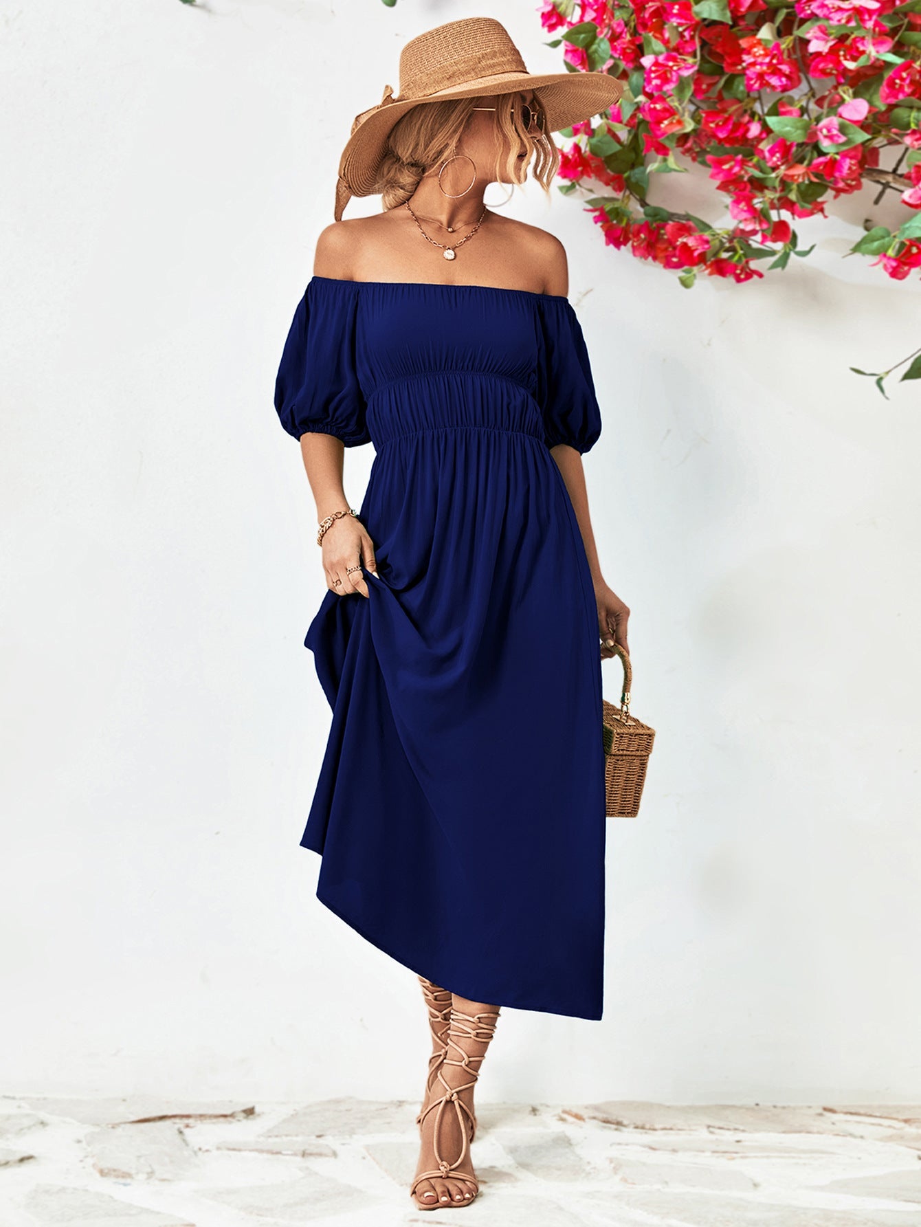 Off-Shoulder Balloon Sleeve Midi Dress - Witcheasy