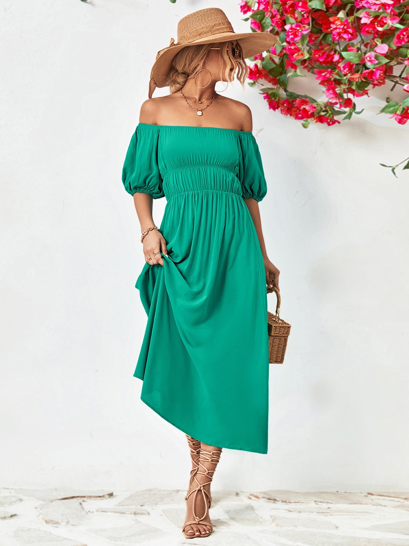 Off-Shoulder Balloon Sleeve Midi Dress - Witcheasy