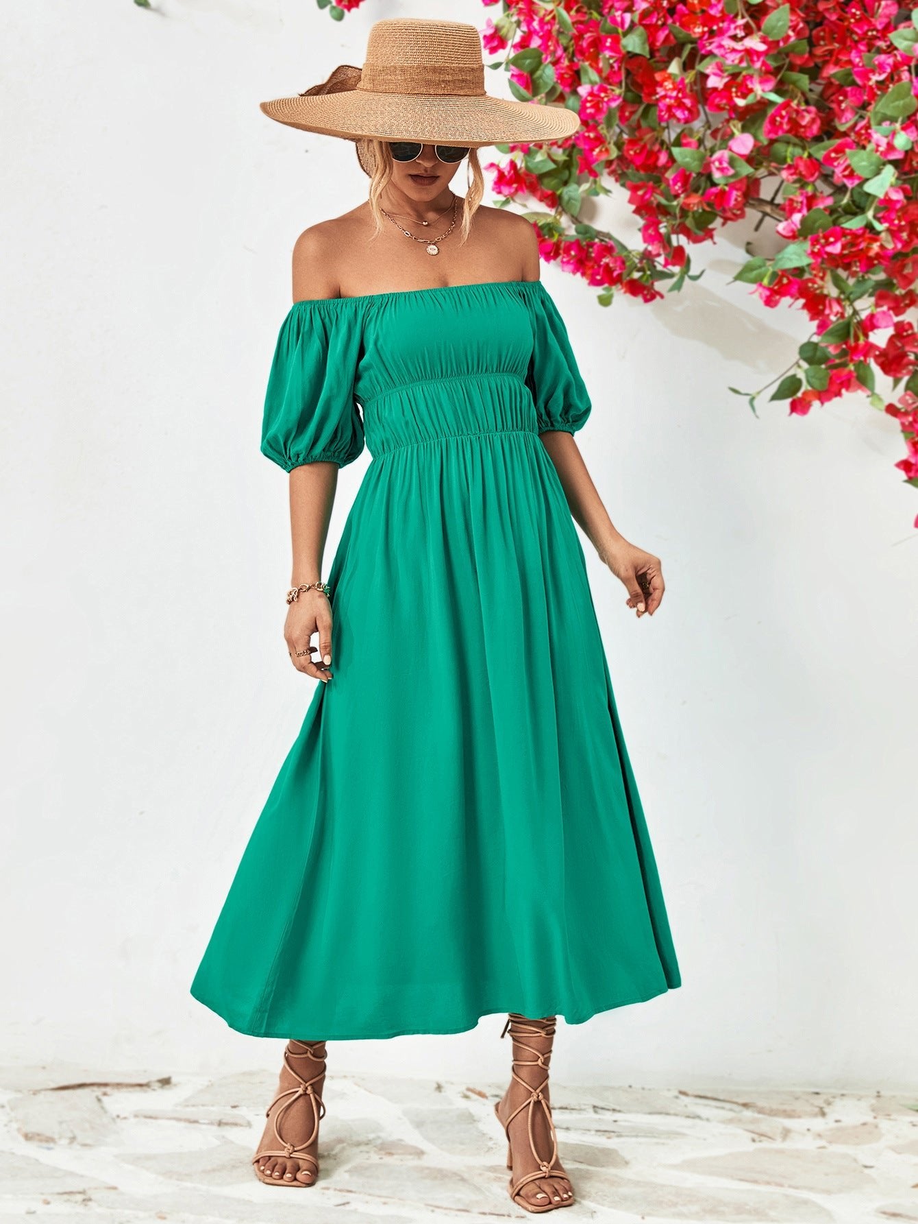 Off-Shoulder Balloon Sleeve Midi Dress - Witcheasy