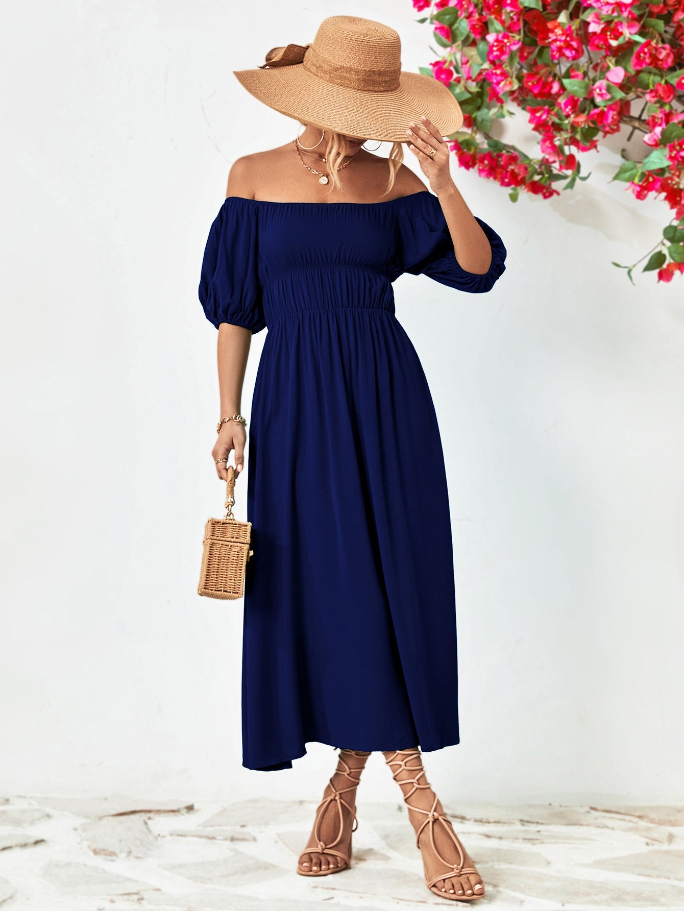 Off-Shoulder Balloon Sleeve Midi Dress - Witcheasy