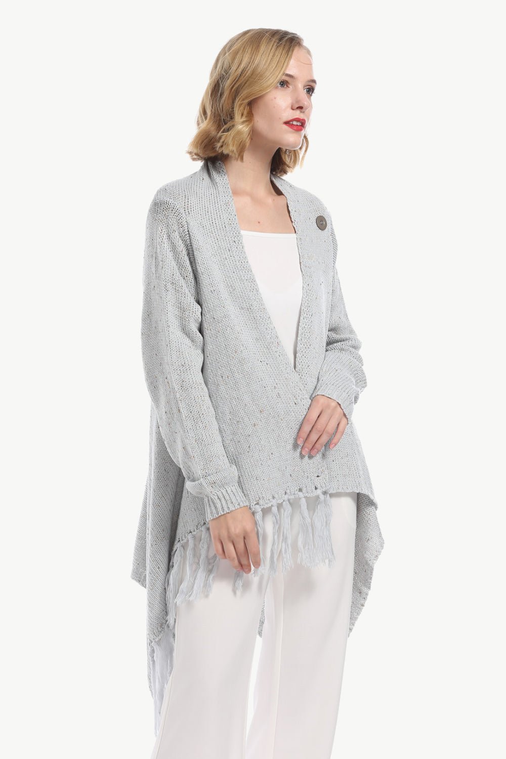 One-Button Tassel Tie Asymmetrical Hem Cardigan - Witcheasy