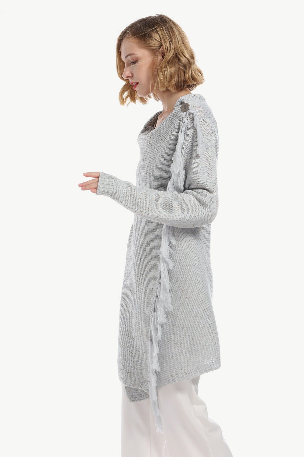 One-Button Tassel Tie Asymmetrical Hem Cardigan - Witcheasy
