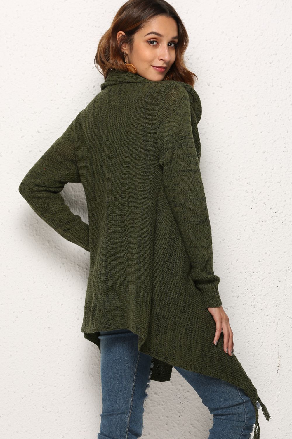 One-Button Tassel Tie Asymmetrical Hem Cardigan - Witcheasy