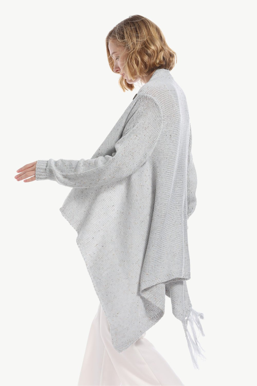 One-Button Tassel Tie Asymmetrical Hem Cardigan - Witcheasy